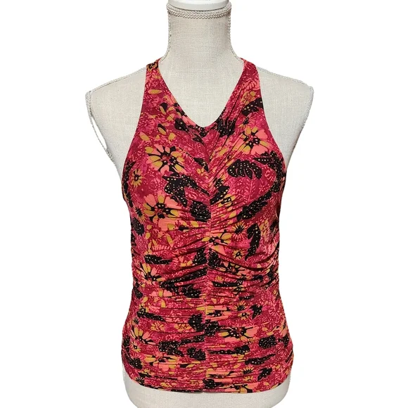 EVEREVE Novah Floral Mesh Ruched Tank Top Women XS Pink Multi Summer Y2K - Picture 2 of 14